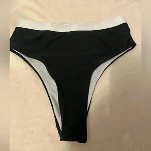 High waisted high cut legs & cheeky black bikini bottoms with white waistband